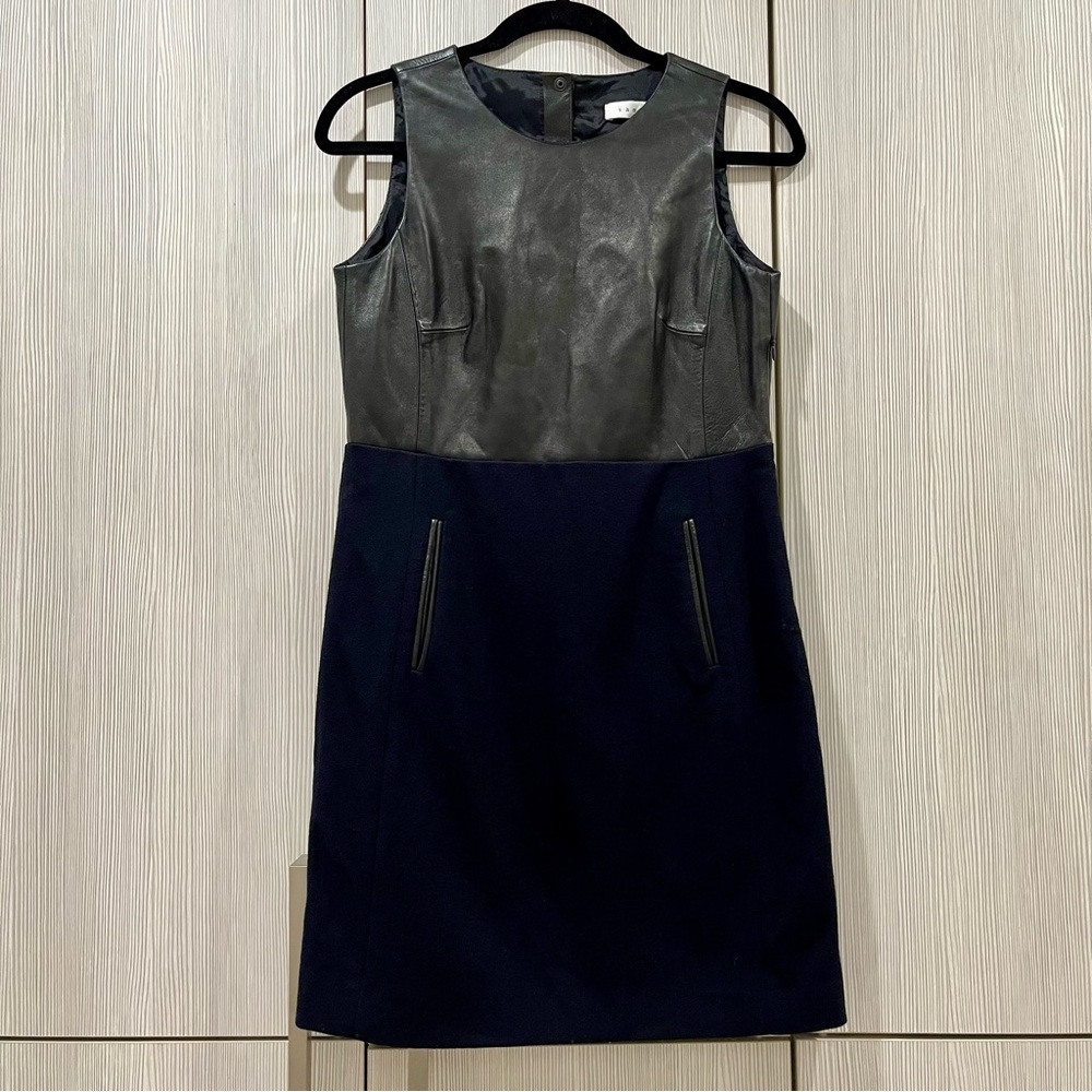 SANDRO | Sleeveless Leather Sheath‎ Midi Dress | Two Tone Black/Navy | Small
